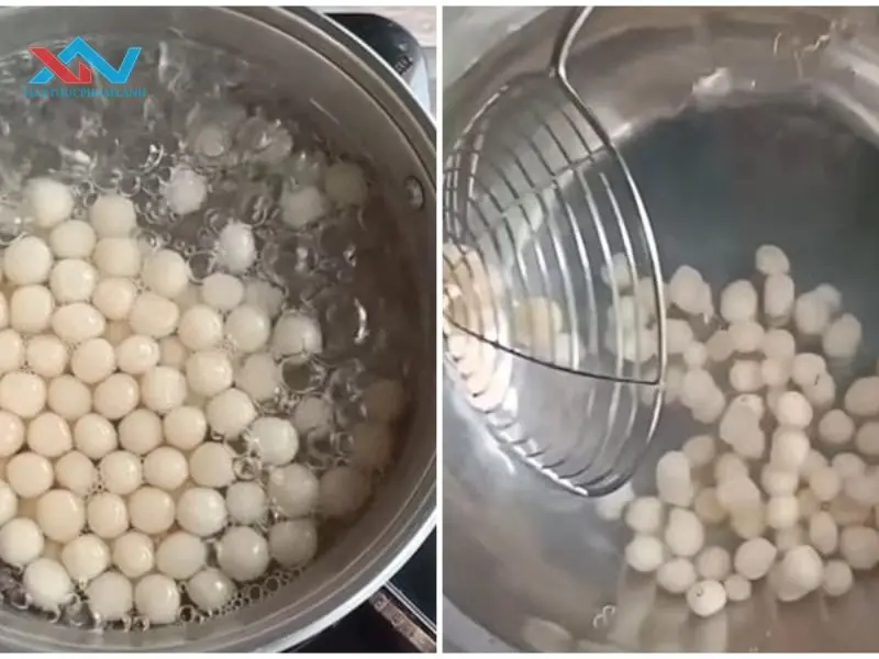 Sau khi luộc xong vớt trân châu ra và ngay lập tức ngâm vào nước đá
