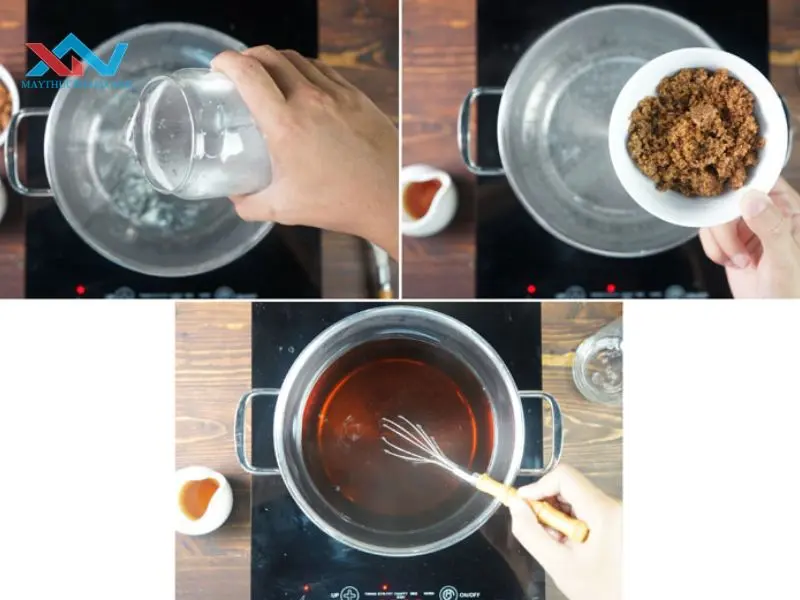 Nấu nước đường với lượng lửa nhỏ và cho trân châu vào nước đường