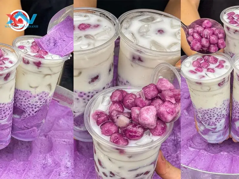 Một ly trà sữa với lớp sốt khoai lang tím phủ trên bề mặt