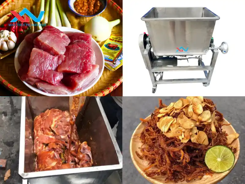 Máy trộn thịt nằm ngang trong quy trình làm khô heo